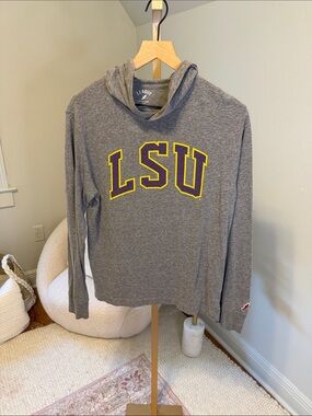League Gray Long-Sleeve Hooded LSU Tee with Yellow & Purple Lettering
